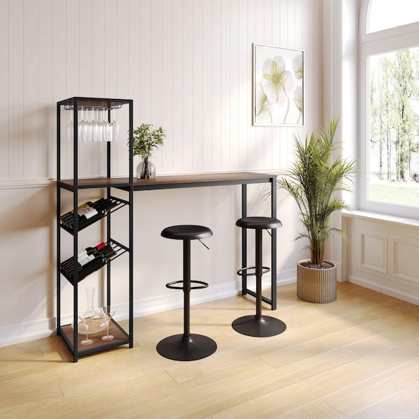Flash Furniture Jura Metal Bar and Wine Table w/2 Slanted Shelves for Bottle Storage and Hanging Glass, Black Frame NAN-F-HY-B23102-BLKWLN-GG - main